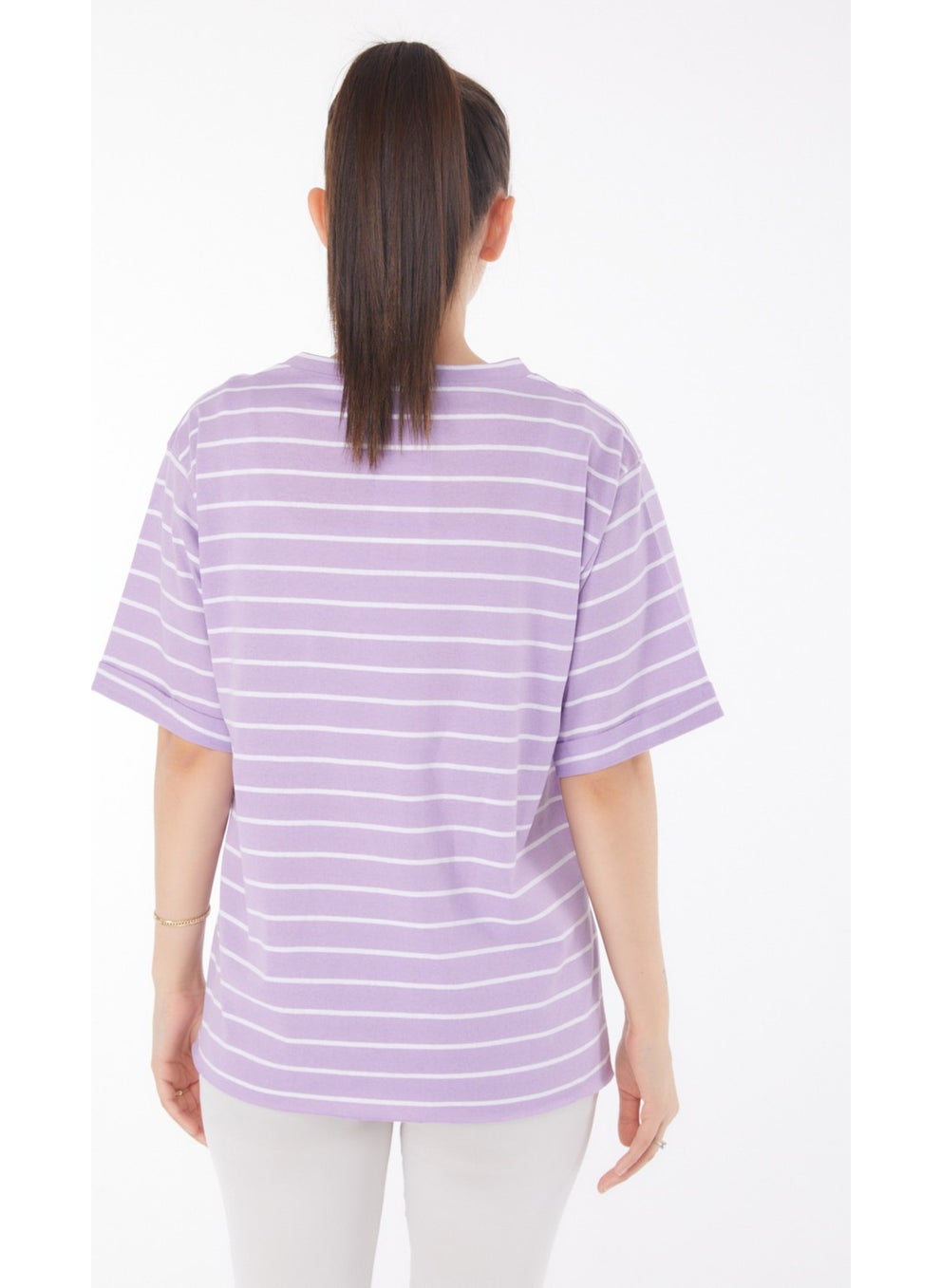 Plain Crew Neck Women's Lilac Striped Short Sleeve T-Shirt - 25840