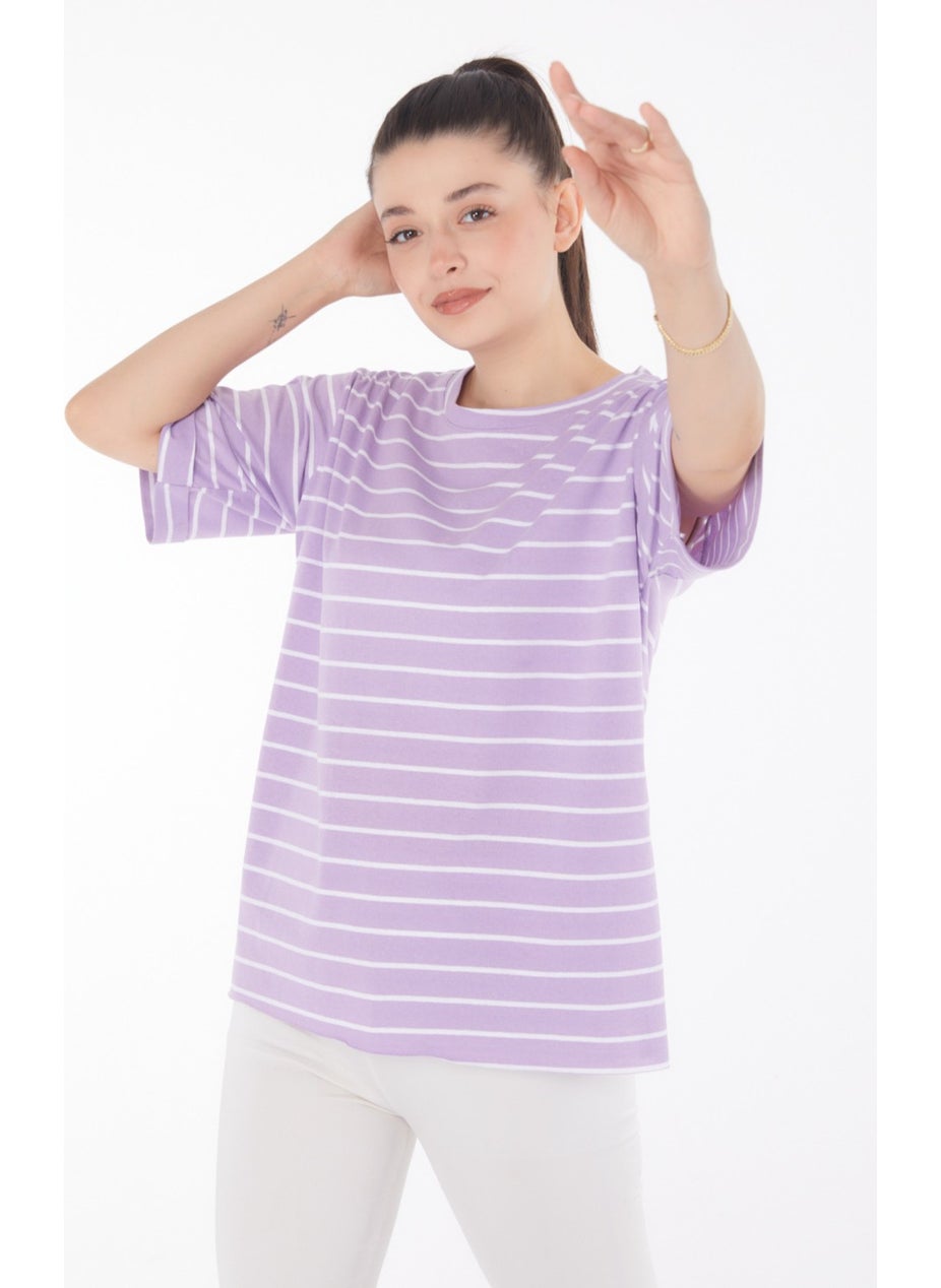 Plain Crew Neck Women's Lilac Striped Short Sleeve T-Shirt - 25840