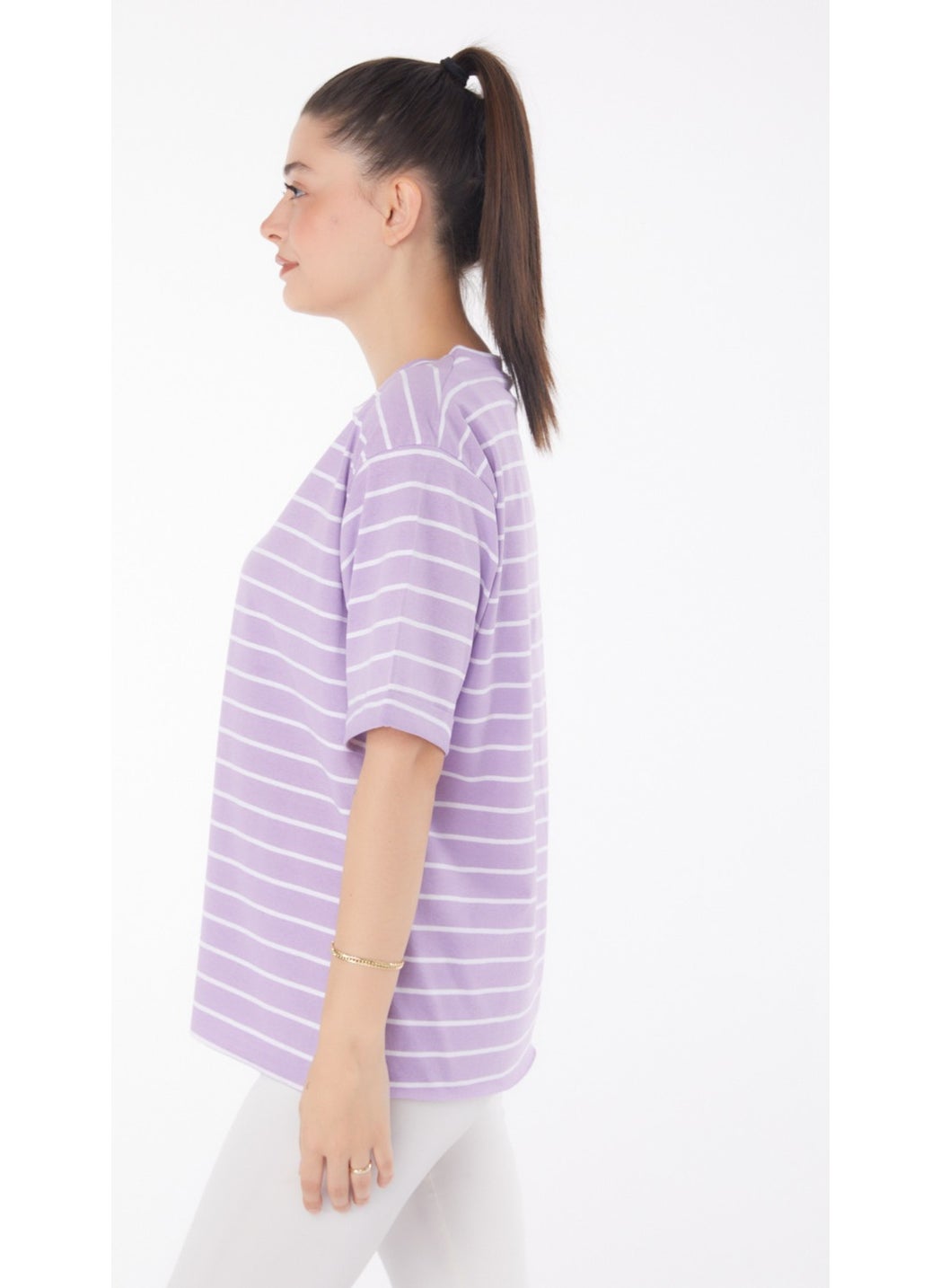 Plain Crew Neck Women's Lilac Striped Short Sleeve T-Shirt - 25840