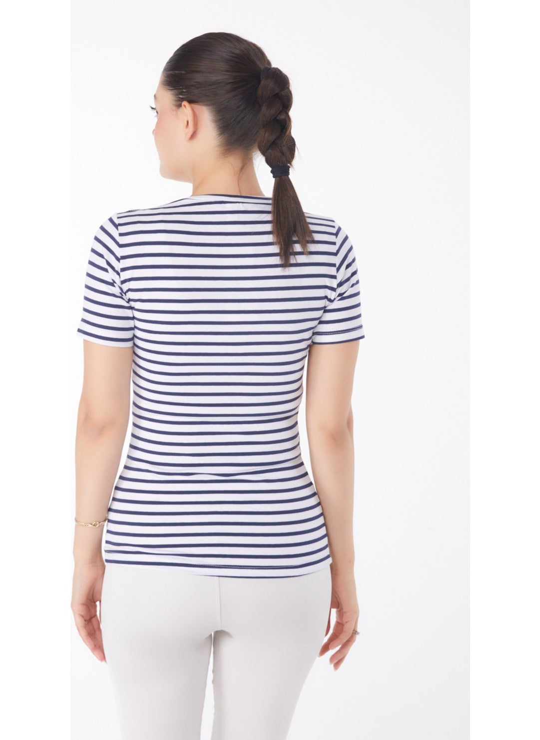 Plain Crew Neck Women's Navy Blue Striped Short Sleeve T-Shirt - 25761