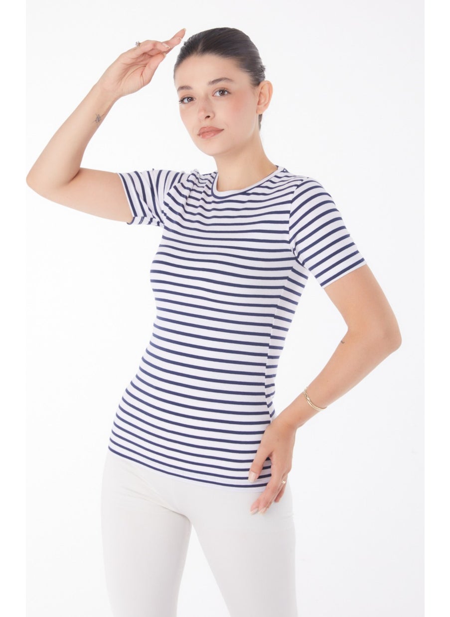 Plain Crew Neck Women's Navy Blue Striped Short Sleeve T-Shirt - 25761