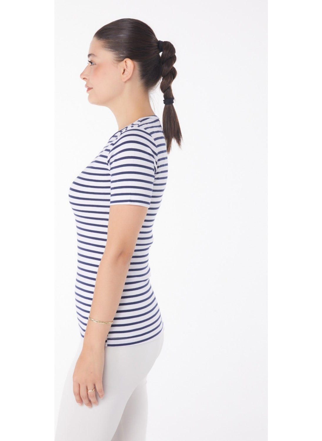 Plain Crew Neck Women's Navy Blue Striped Short Sleeve T-Shirt - 25761