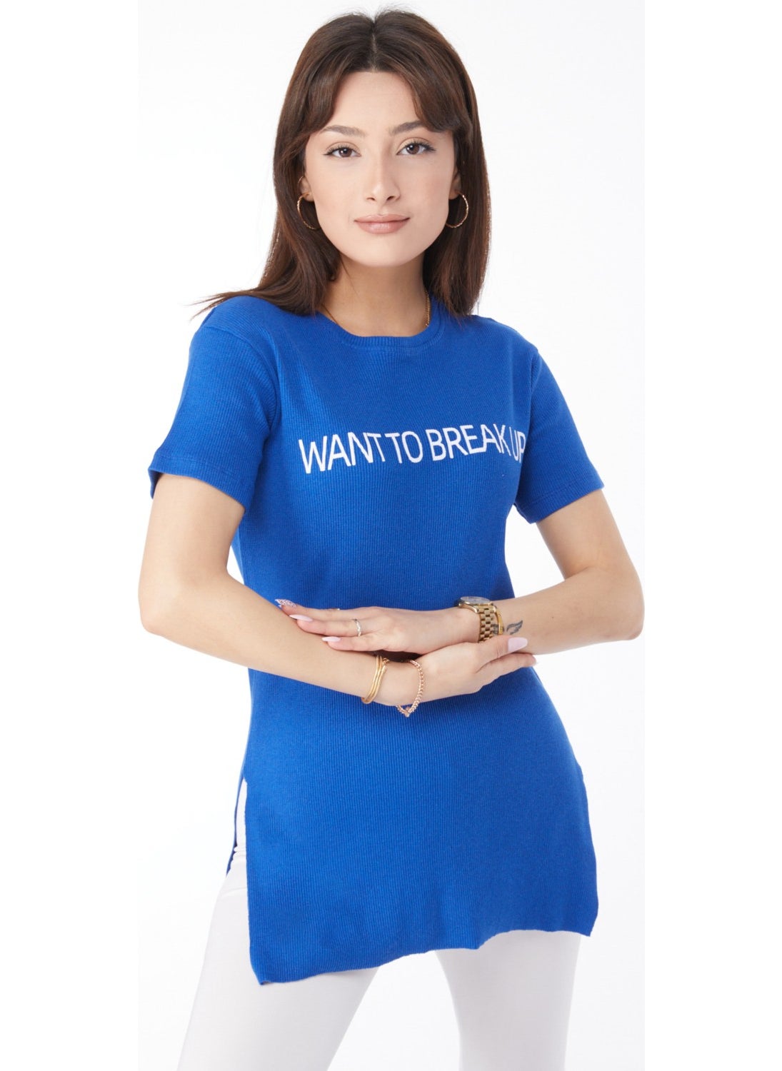 Plain Crew Neck Women's Blue Printed Slit T-Shirt - 24791