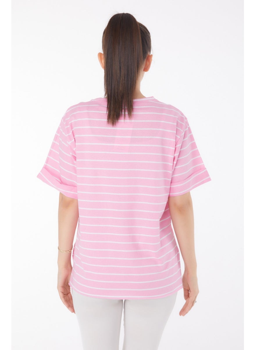 Plain Crew Neck Women's Pink Striped Short Sleeve T-Shirt - 25840