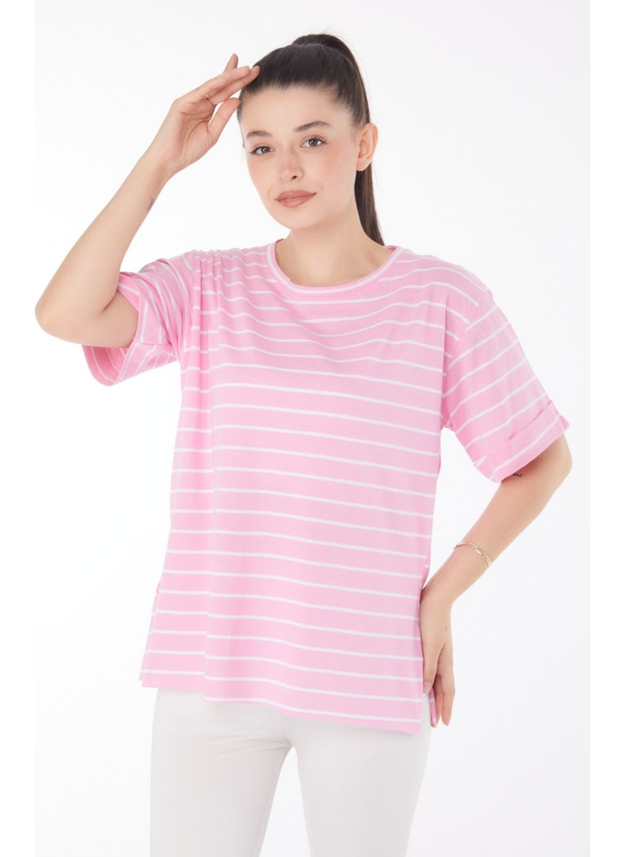 Plain Crew Neck Women's Pink Striped Short Sleeve T-Shirt - 25840