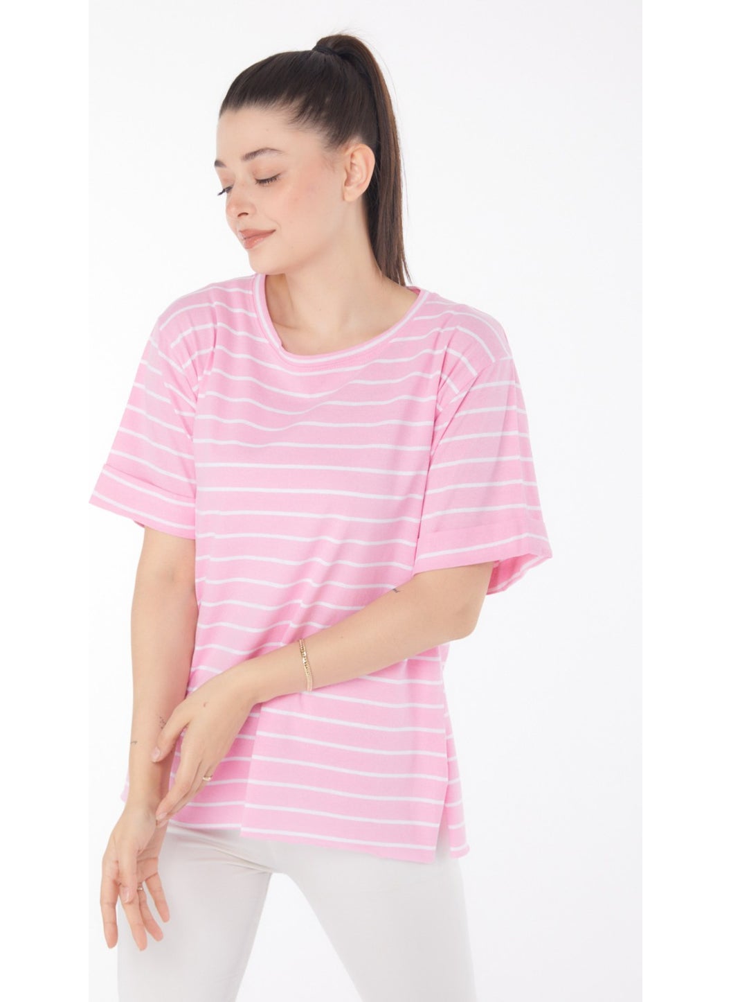 Plain Crew Neck Women's Pink Striped Short Sleeve T-Shirt - 25840