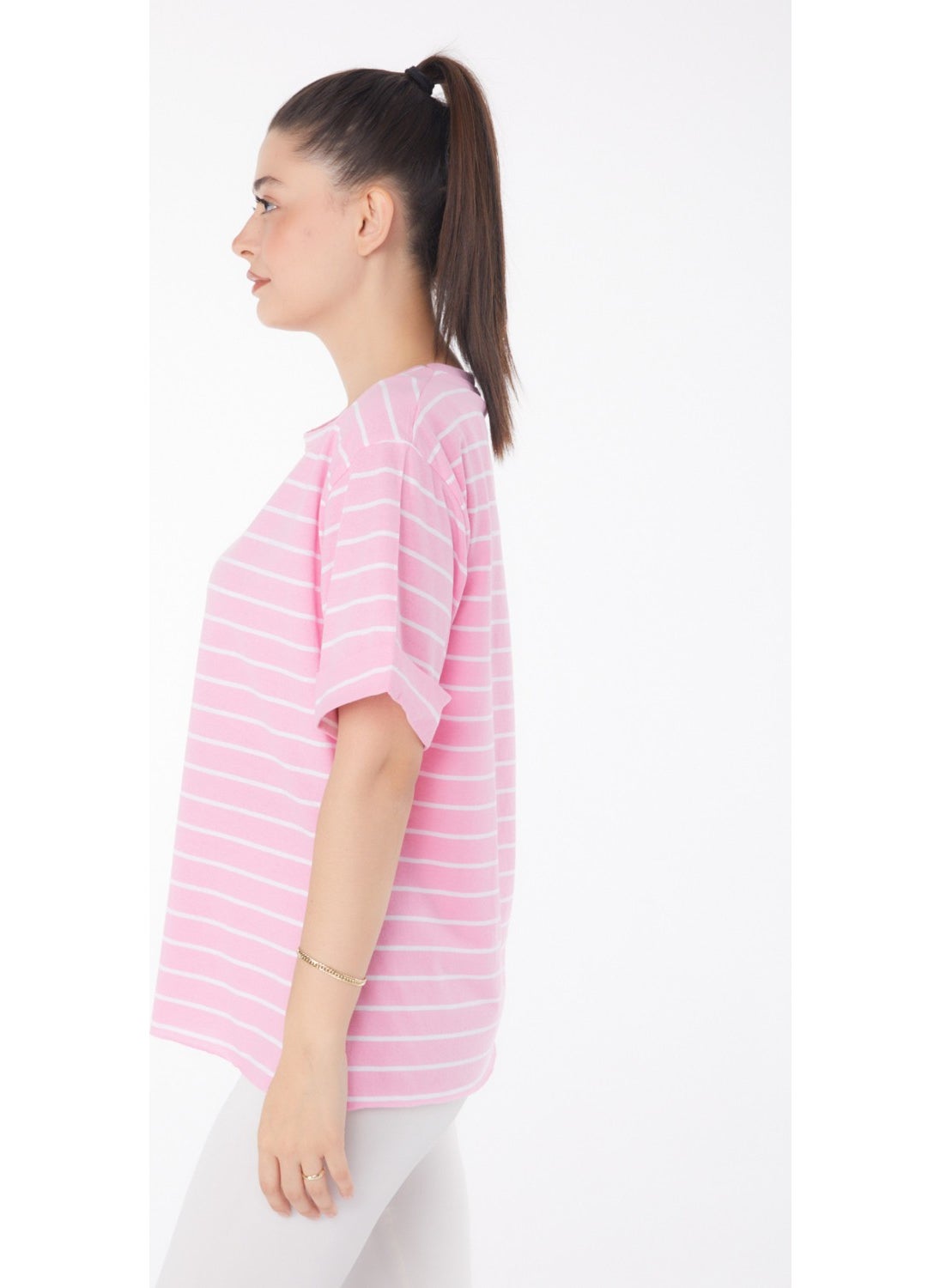 Plain Crew Neck Women's Pink Striped Short Sleeve T-Shirt - 25840