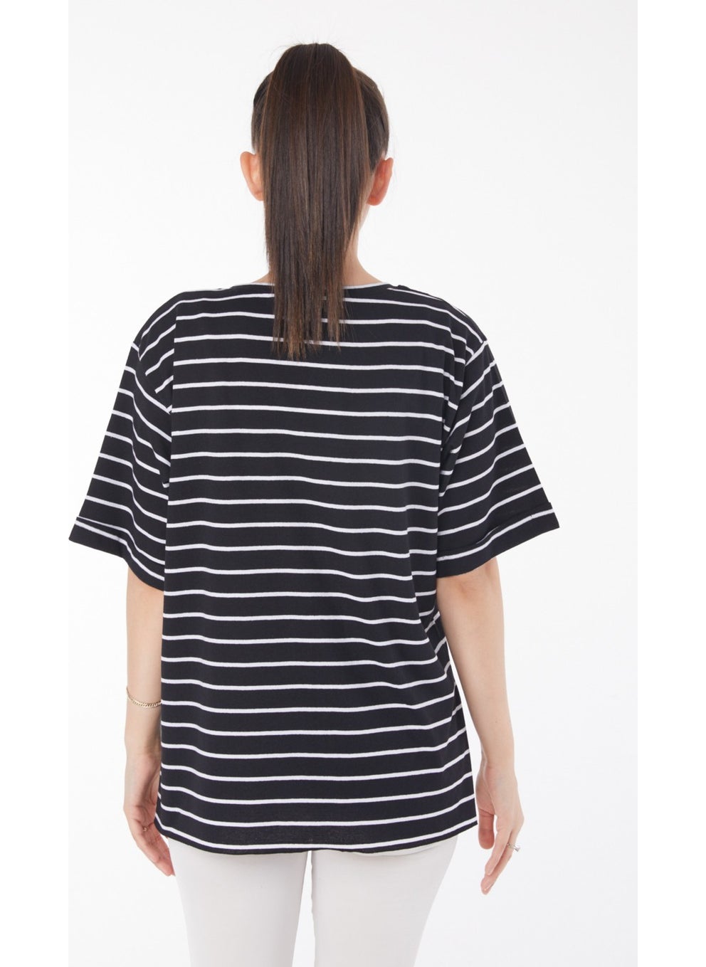 Plain Crew Neck Women's Black Striped Short Sleeve T-Shirt - 25840