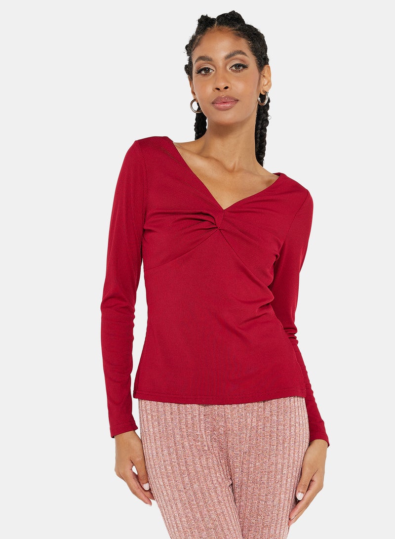 Ruched V Neck T-Shirt Wine