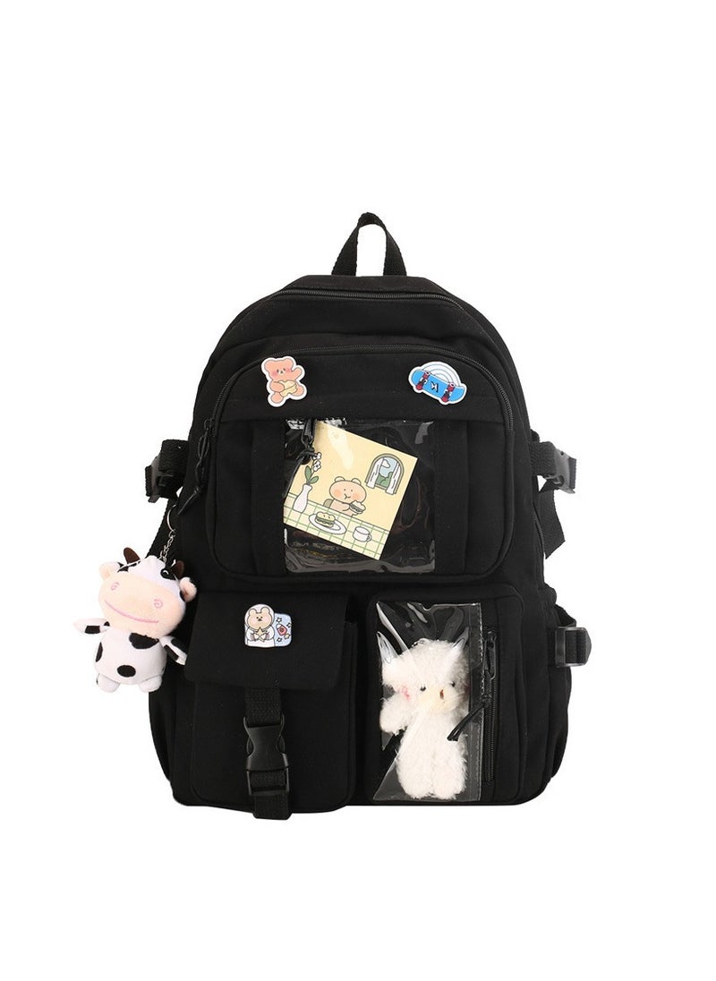 Kawaii Backpack with Pins Kawaii School Backpack Cute Aesthetic Backpack Cute Kawaii Backpack for School (Black, With Accessories)