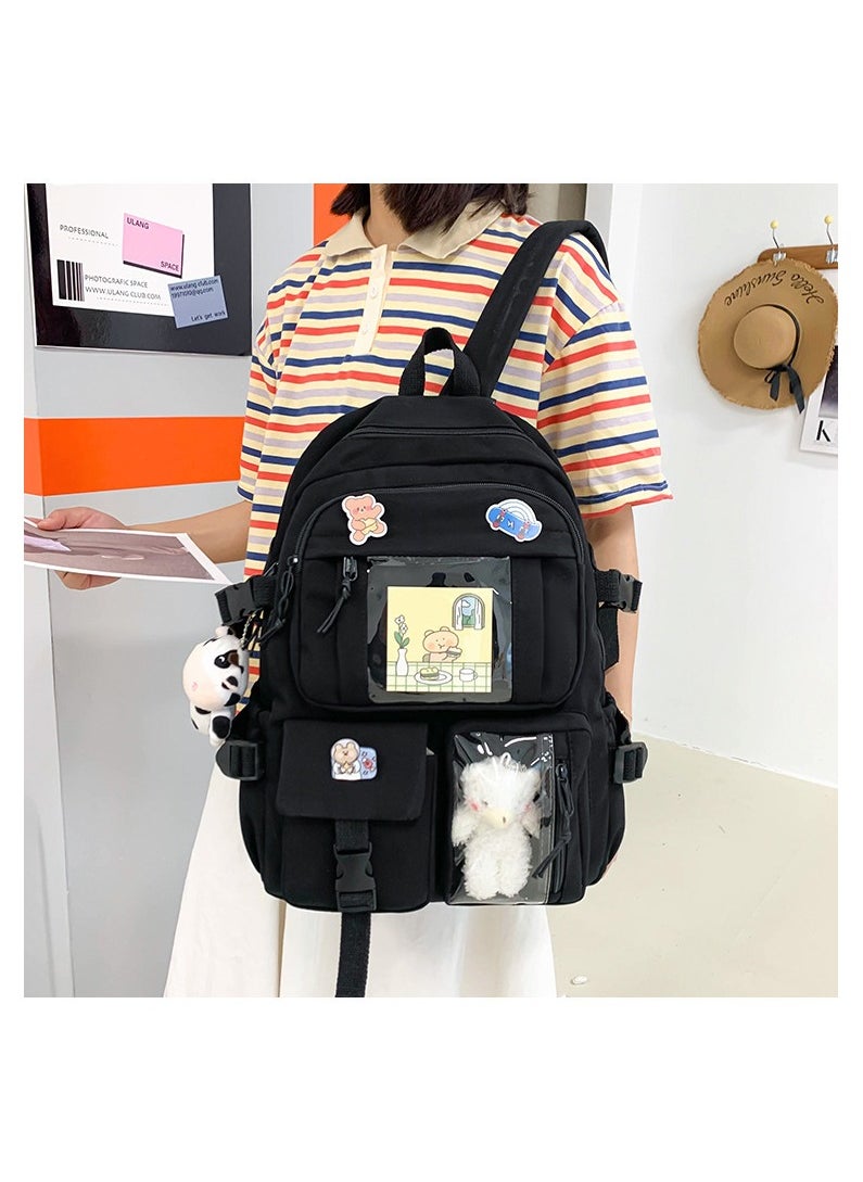 Kawaii Backpack with Pins Kawaii School Backpack Cute Aesthetic Backpack Cute Kawaii Backpack for School (Black, With Accessories)