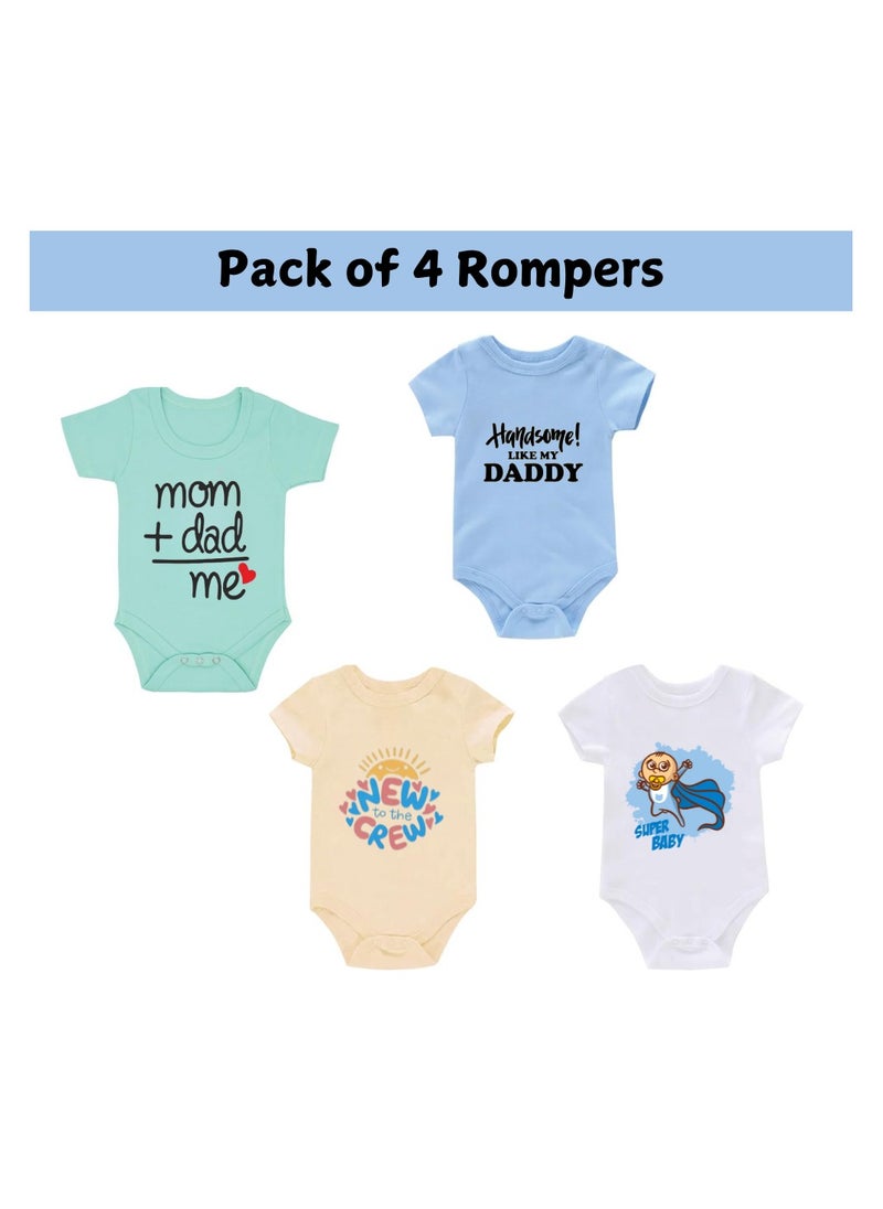 Pack Of 4 Short Sleeve Cotton Rompers For Baby Boys-Outfits For Newborns And Toddlers With Snap Closure-Gift For Baby Boys