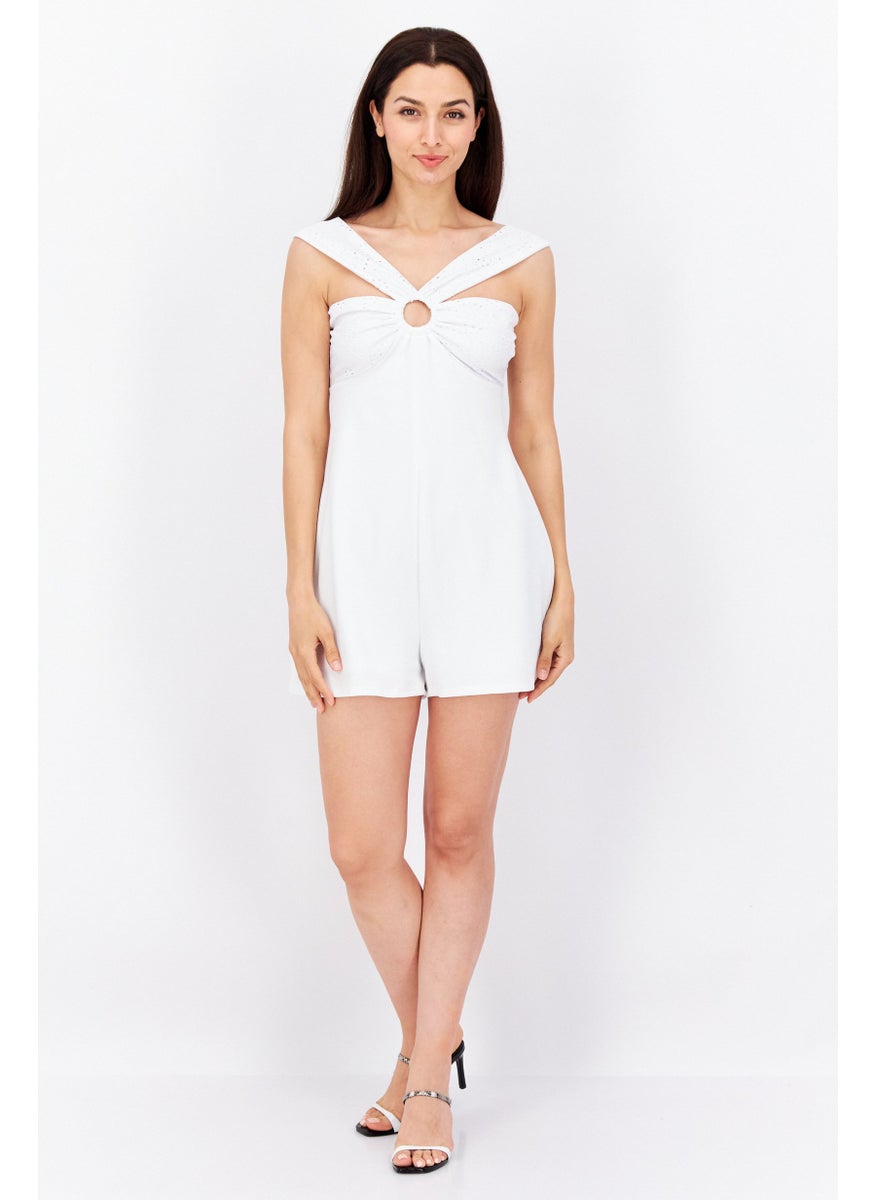 Women Keyhole Neck Sleeveless Eyelet Romper, White