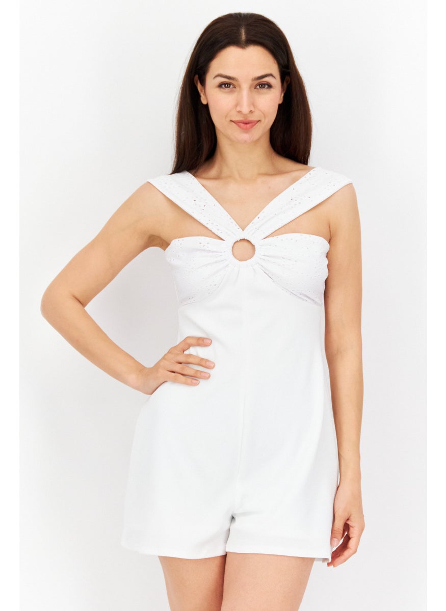 Women Keyhole Neck Sleeveless Eyelet Romper, White