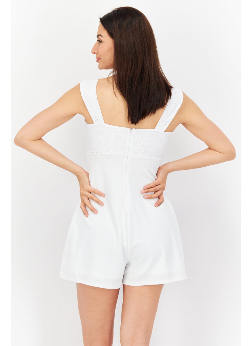 Women Keyhole Neck Sleeveless Eyelet Romper, White