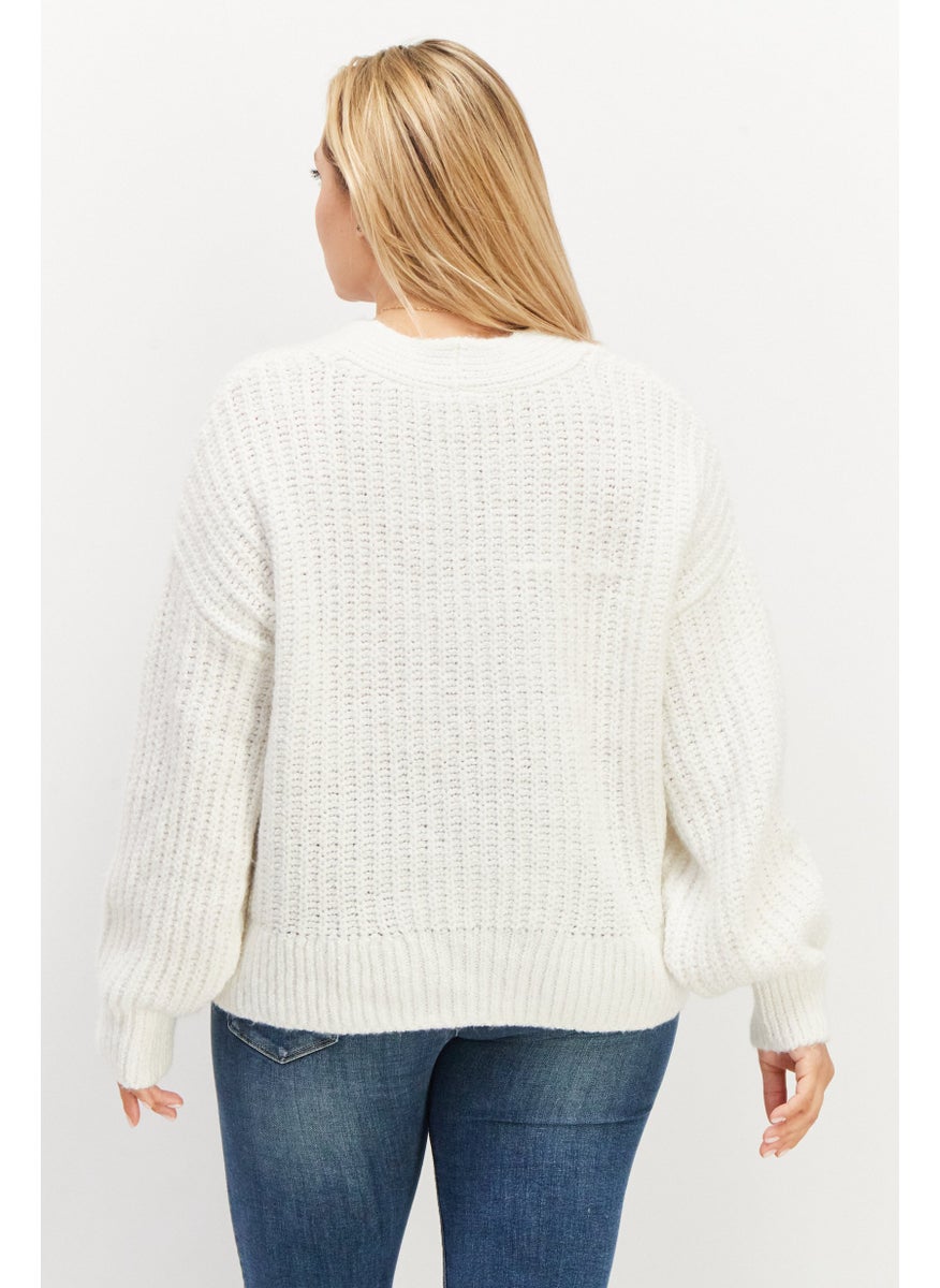 Women V-Neck Long Sleeve Knitted Sweater, White