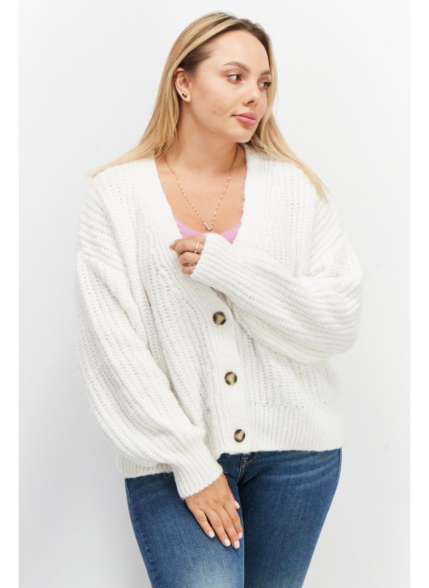 Women V-Neck Long Sleeve Knitted Sweater, White