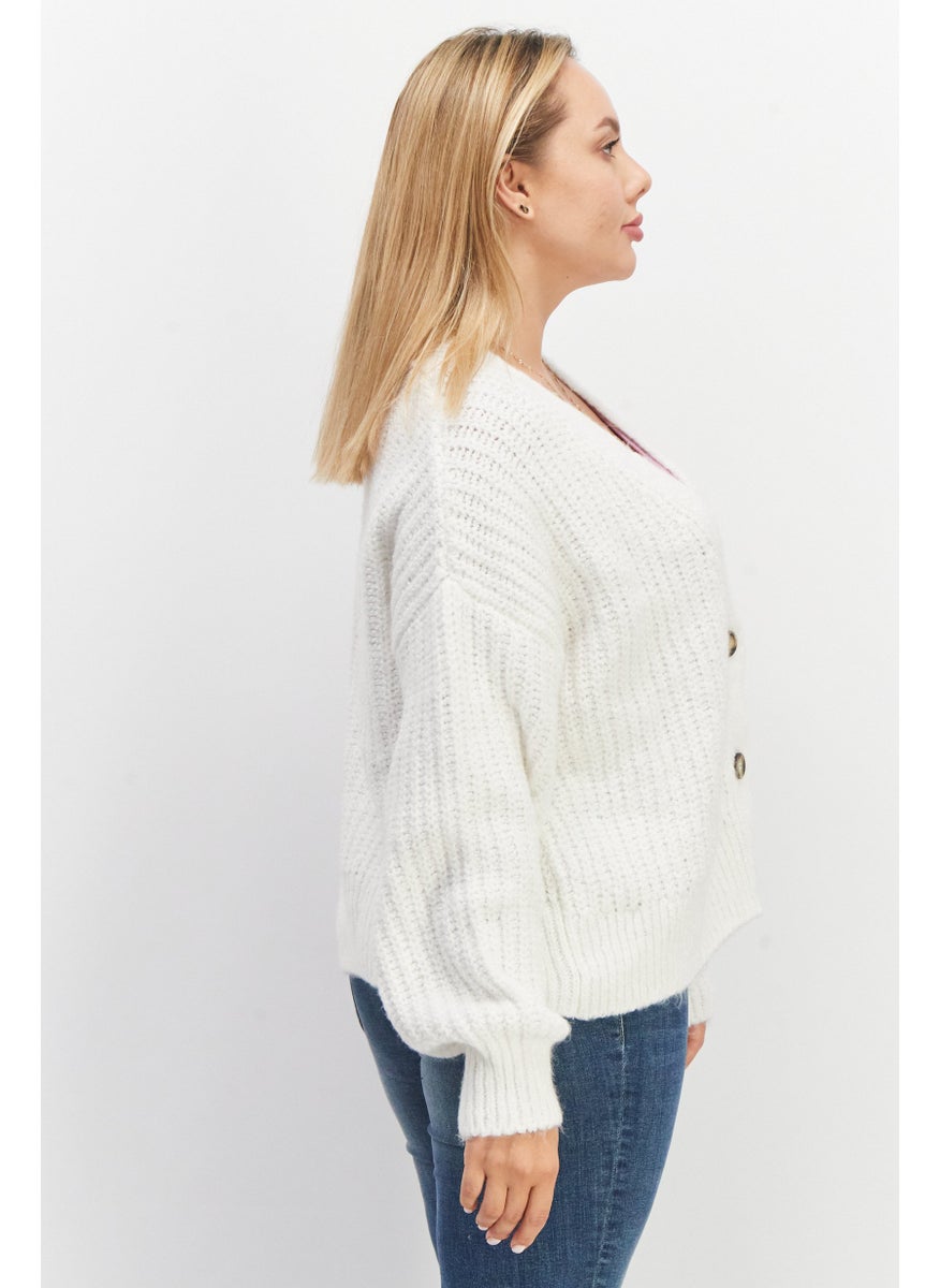 Women V-Neck Long Sleeve Knitted Sweater, White