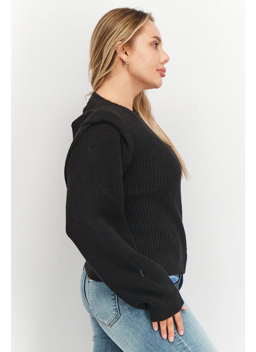 Women Crew Neck Knitted Sweater, Black