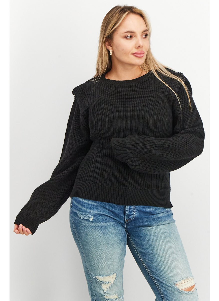 Women Crew Neck Knitted Sweater, Black