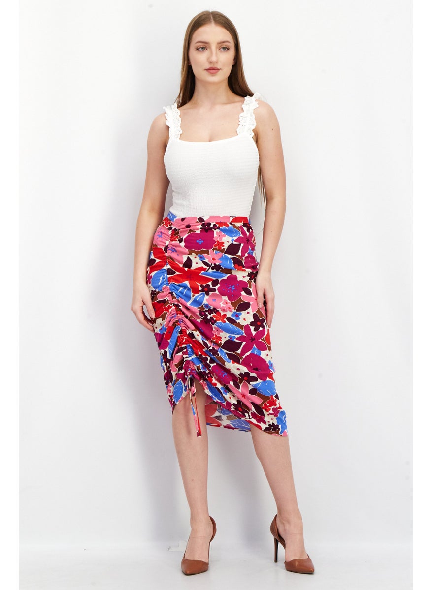 Women Floral Print Pull On Midi Skirts, Purple Combo