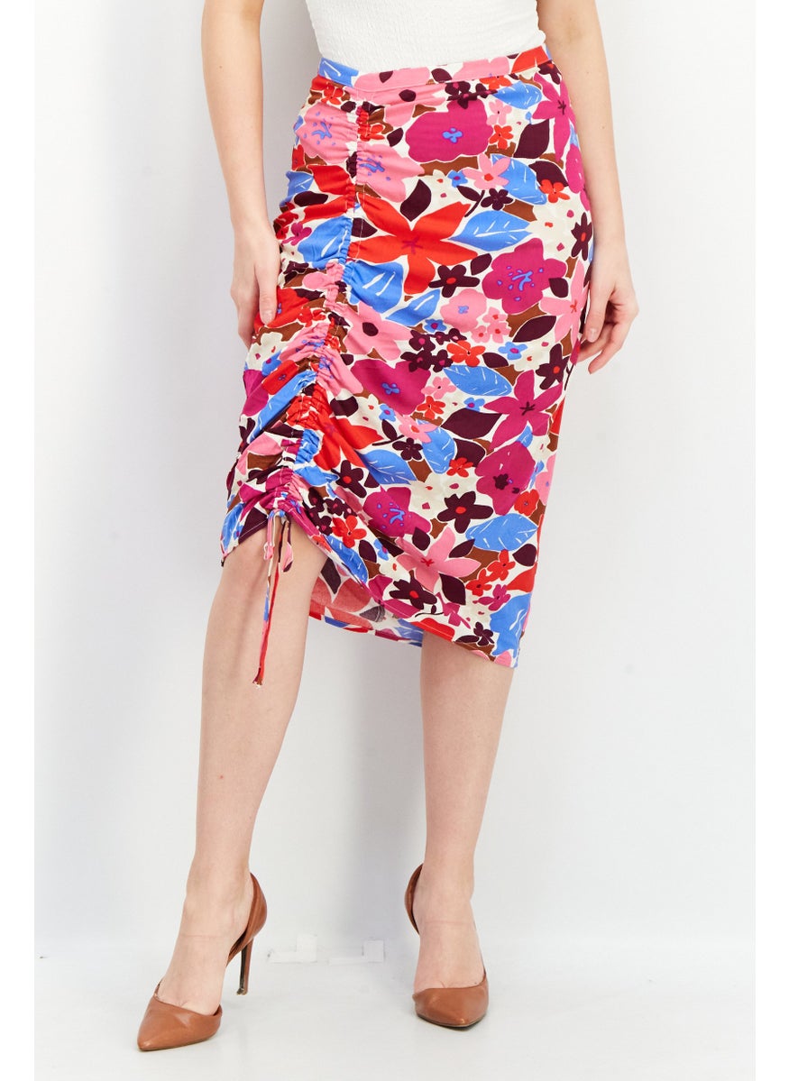 Women Floral Print Pull On Midi Skirts, Purple Combo