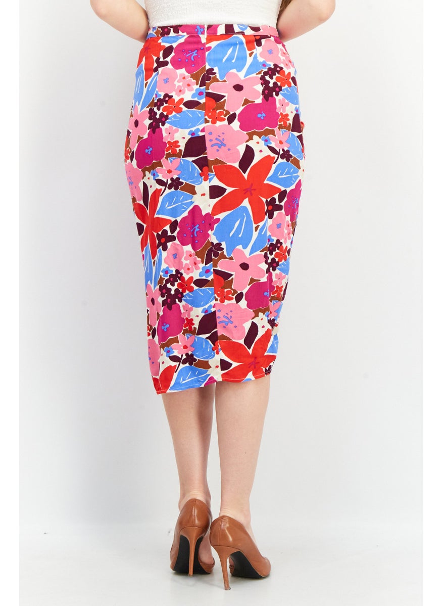 Women Floral Print Pull On Midi Skirts, Purple Combo