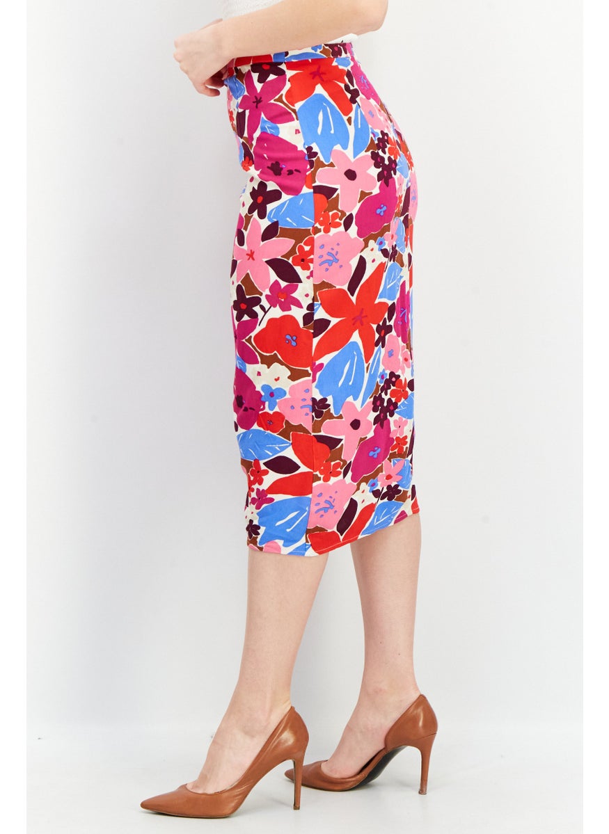 Women Floral Print Pull On Midi Skirts, Purple Combo