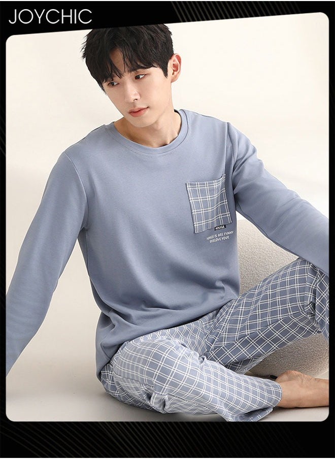 2-piece Spring and Autumn Men Leisure Pajama Set Modal Skin-friendly Breathable Sweat-absorbent Home Clothes Plaid Pattern Long-sleeved Nightwear Blue