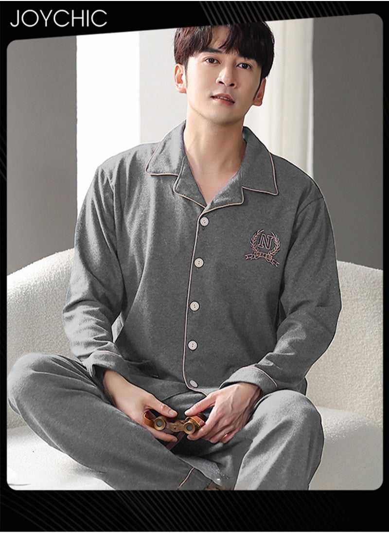 Classic Men Bedroom Pajamas Set Pure Cotton Warm Windproof Long-sleeved Cardigan Home Wear Youth Lapel Sleepwear for Spring Autumn Winter Grey