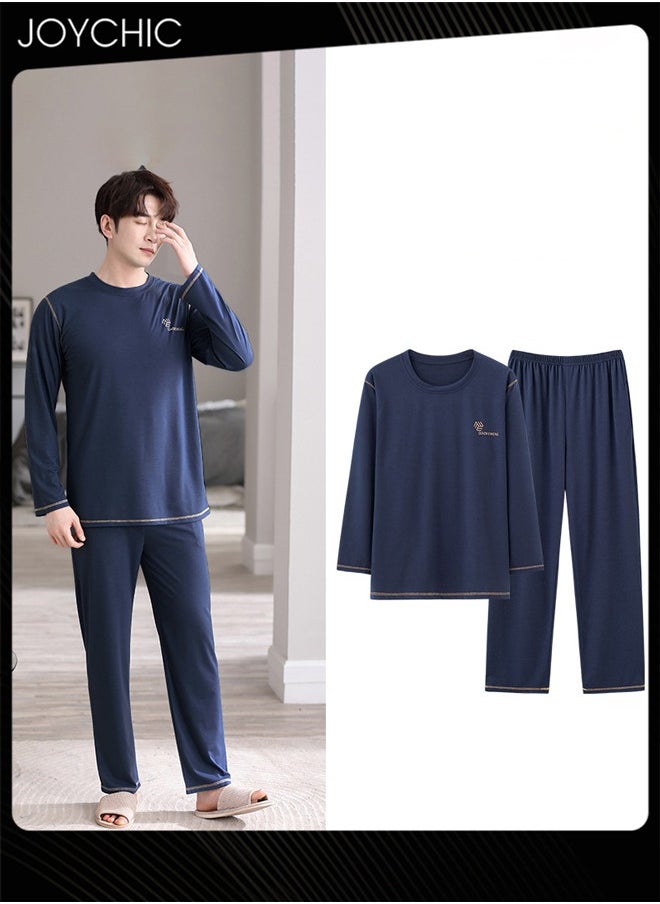 2-piece Spring and Autumn Winter Men Pajamas Modal Skin-friendly Long Sleeve Youth Home Sleepwear Comfortable Breathable Loungewear Dark Blue