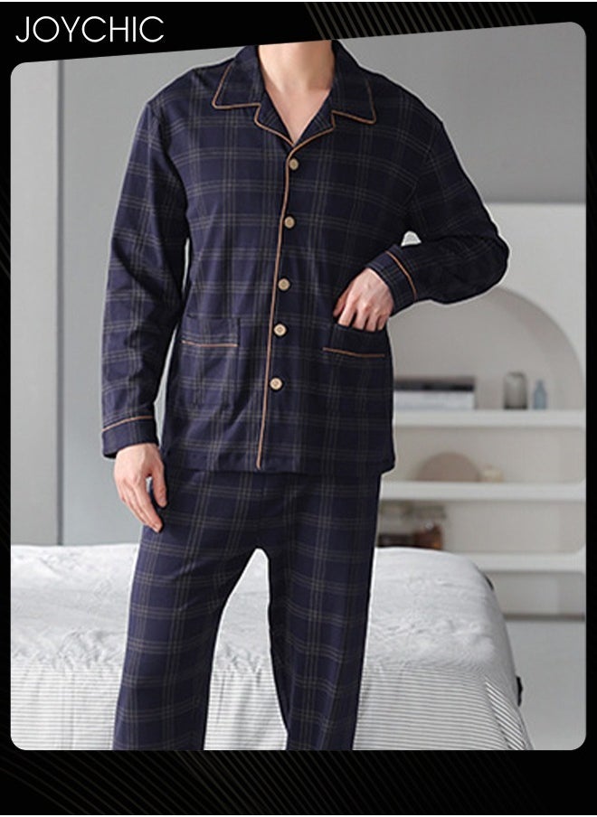 2-Piece of  Brief Men Pajamas Set  Spring and Autumn Pure Cotton Long-sleeved Loose Neckline Design Cardigan Winter Comfortable Bedroom Sleepwear Dark Blue