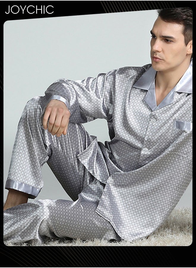 Modern Style Men Printed Silk Pajamas Spring and Autumn  Lightweight Breathable Long-sleeved Nightgown Home Male Satin Soft Cozy Sleepwear Grey