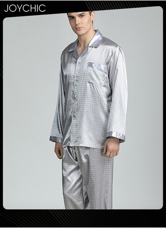 Modern Style Men Printed Silk Pajamas Spring and Autumn  Lightweight Breathable Long-sleeved Nightgown Home Male Satin Soft Cozy Sleepwear Grey