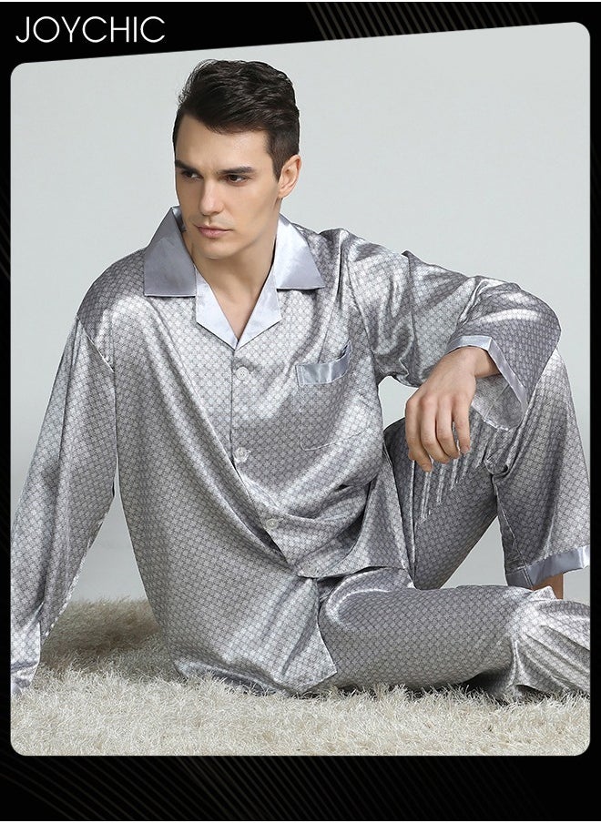 Modern Style Men Printed Silk Pajamas Spring and Autumn  Lightweight Breathable Long-sleeved Nightgown Home Male Satin Soft Cozy Sleepwear Grey