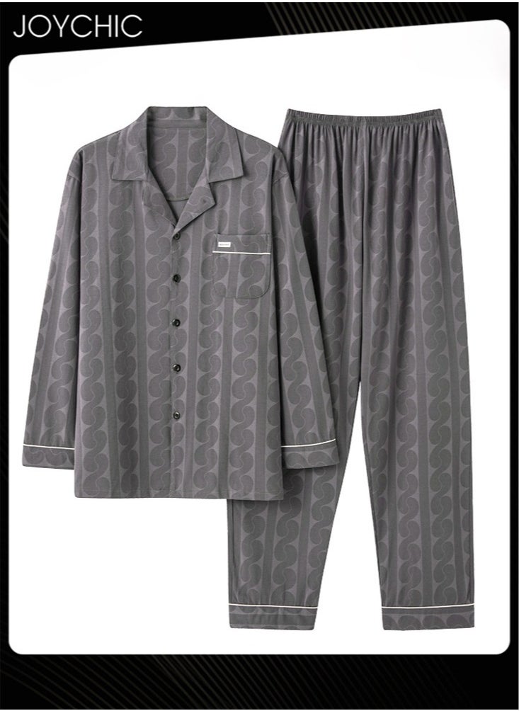 2-piece of  Men Lapel Pajamas Set Spring and Autumn Winter Pure Cotton Skin-friendly Breathable Sleepwear Long-sleeved Homewear with Pockets