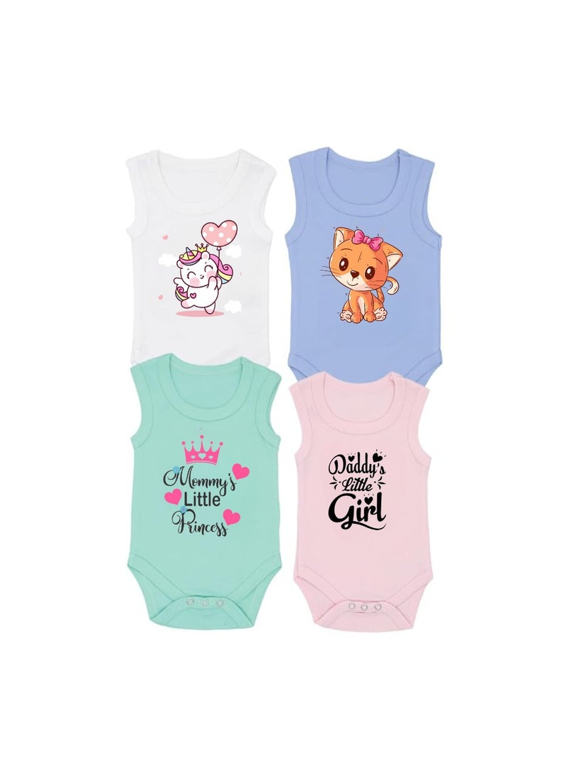 Sleeveless Baby Romper Set For Girls-Pack Of 4 Soft Cotton Rompers-Cute Outfits For Newborns And Toddlers With Snap Closure-Gift For Baby Girls