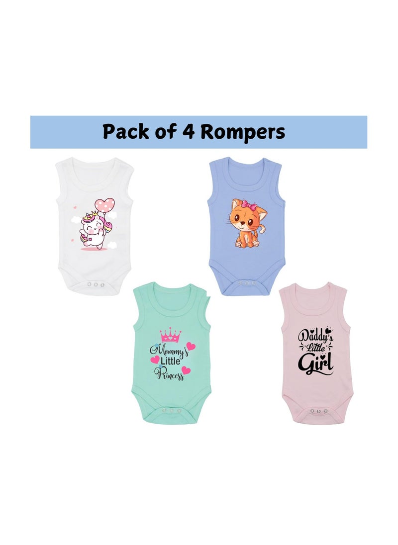 Sleeveless Baby Romper Set For Girls-Pack Of 4 Soft Cotton Rompers-Cute Outfits For Newborns And Toddlers With Snap Closure-Gift For Baby Girls