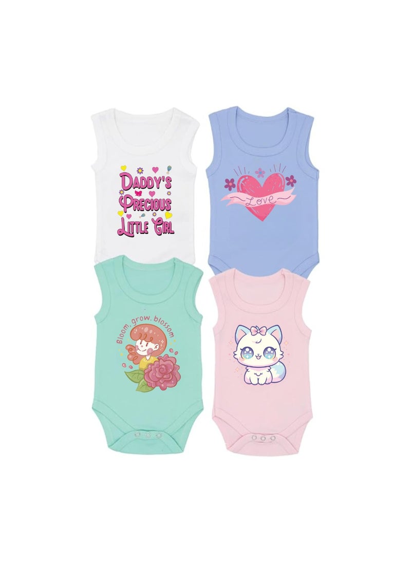 Sleeveless Baby Romper Set For Girls-Pack Of 4 Soft Cotton Rompers-Cute Outfits For Newborns And Toddlers With Snap Closure-Gift For Baby Girls