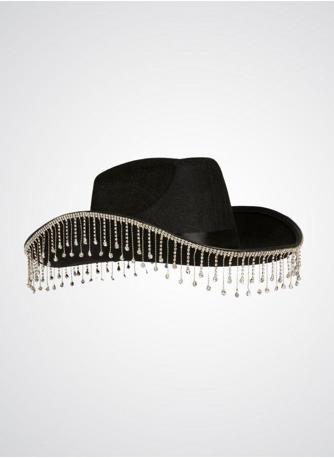 Black rhinestone tassel cowboy hat