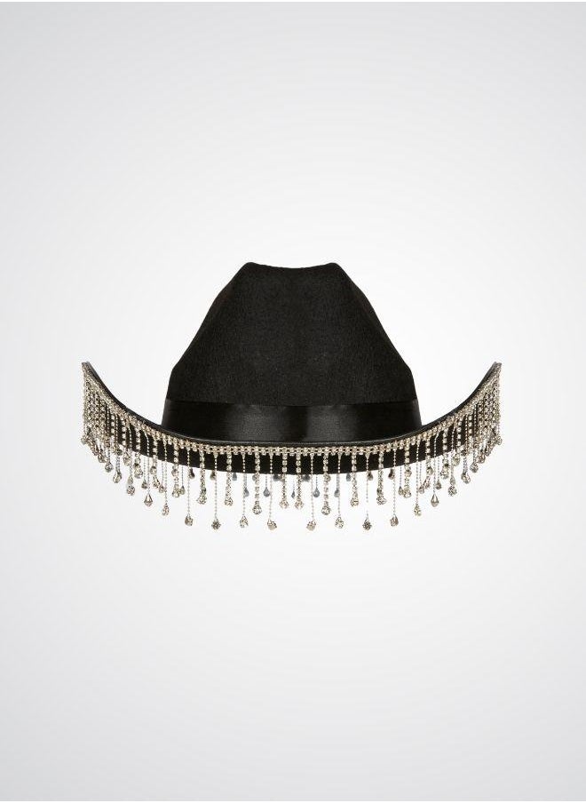 Black rhinestone tassel cowboy hat