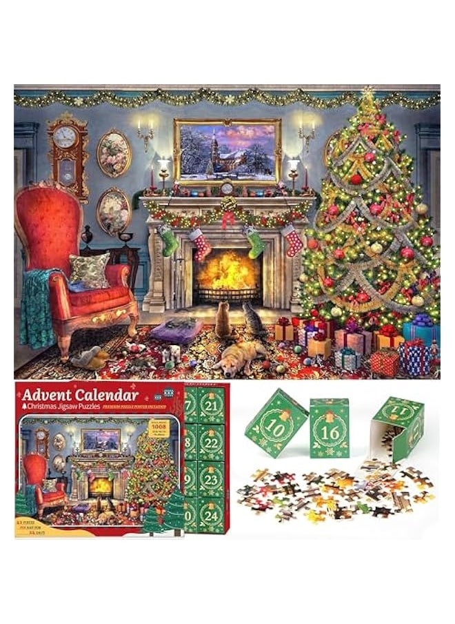 Christmas Advent Calendar Jigsaw Puzzles for Adults and Kids- Festive Fireplace in Warm Christmas Holiday Puzzle, 24 Parts -1008 Pieces Jigsaw Puzzles for Countdown to Christmas Puzzles Gift