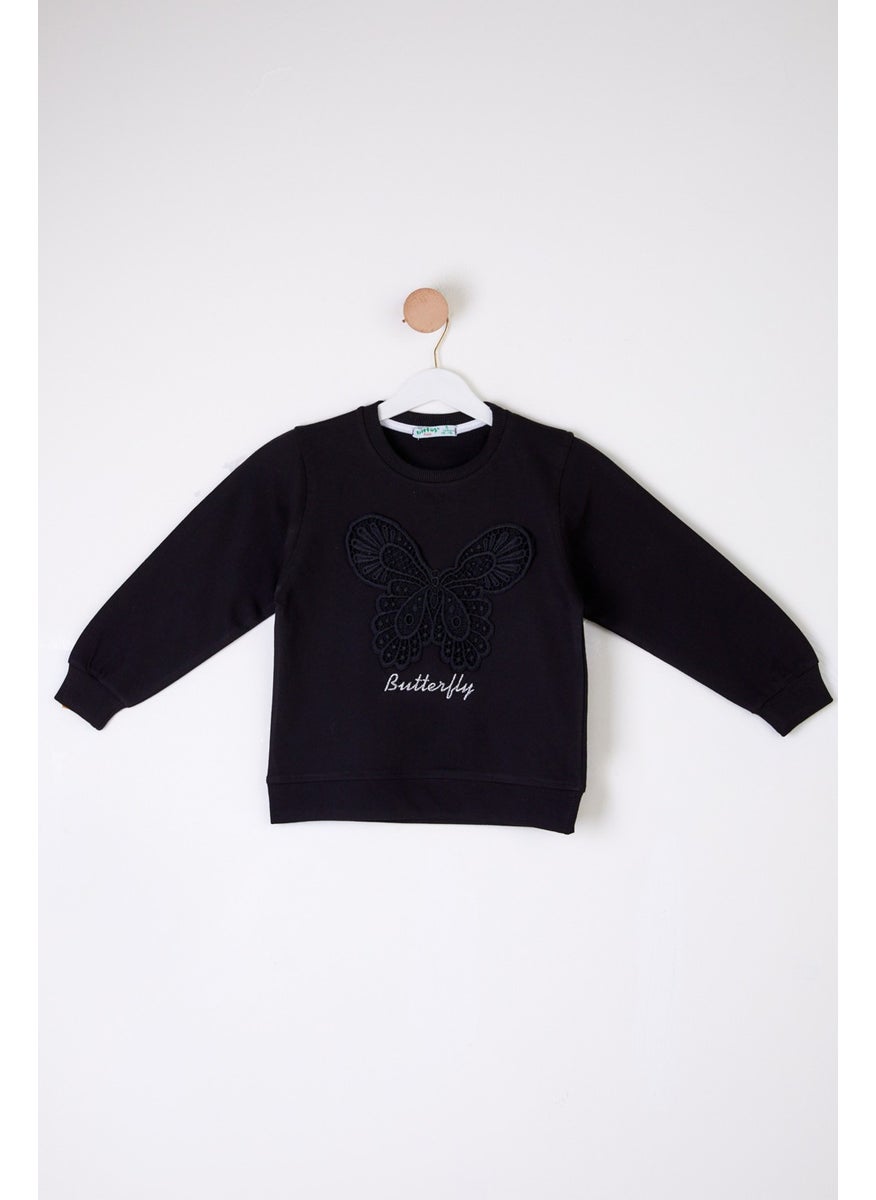 Girls Black Butterfly Embroidered Sweatshirt - 26106