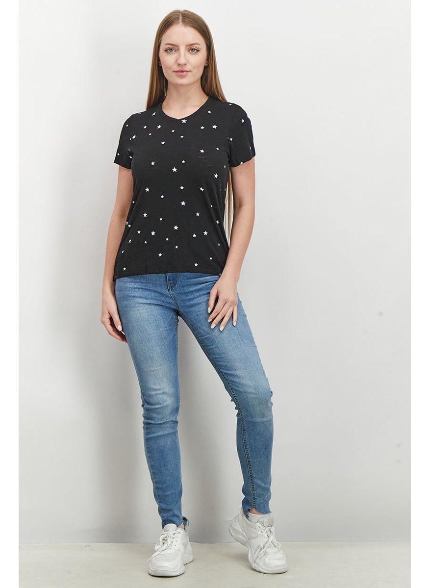 Women Crew Neck Short Sleeve Printed Tops, Black