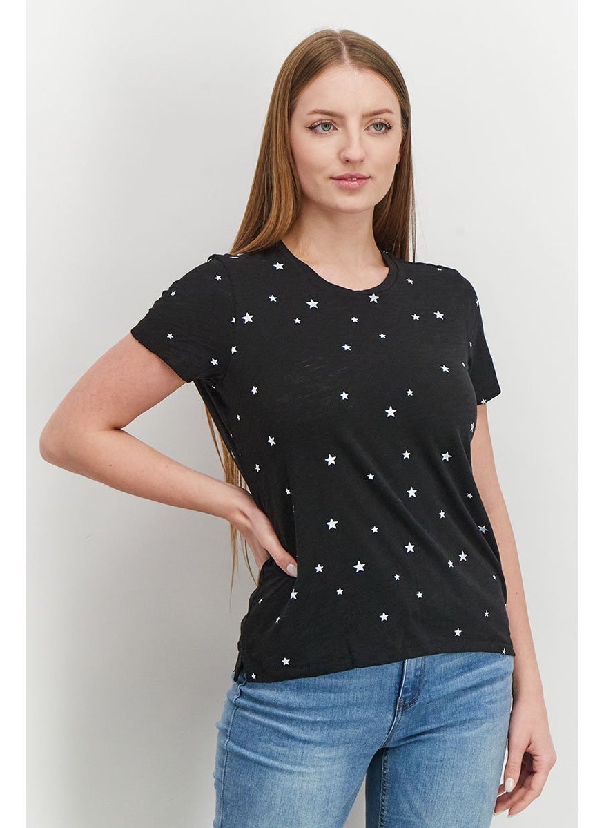 Women Crew Neck Short Sleeve Printed Tops, Black