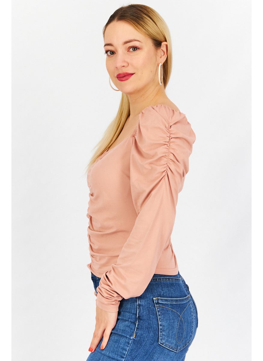 Women Square Neck Long Sleeve Ruched Top, Rose Taupe