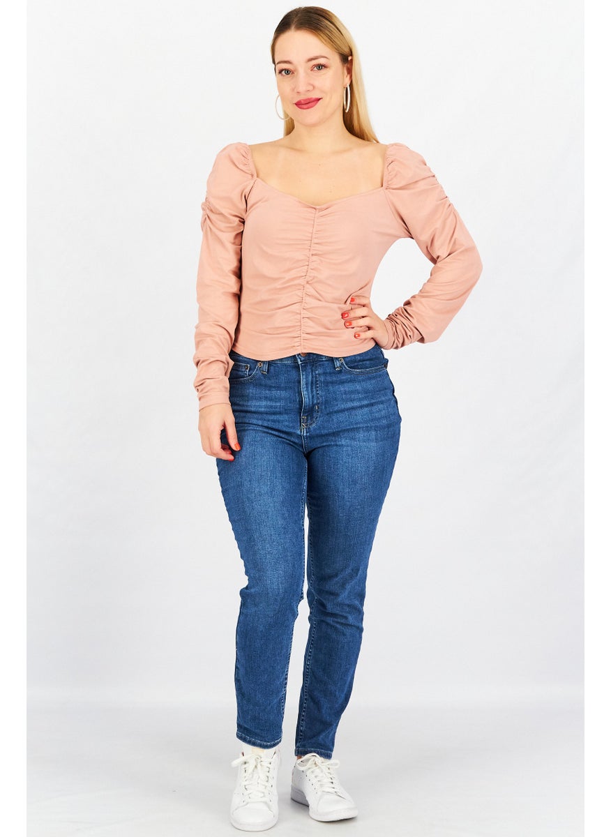 Women Square Neck Long Sleeve Ruched Top, Rose Taupe