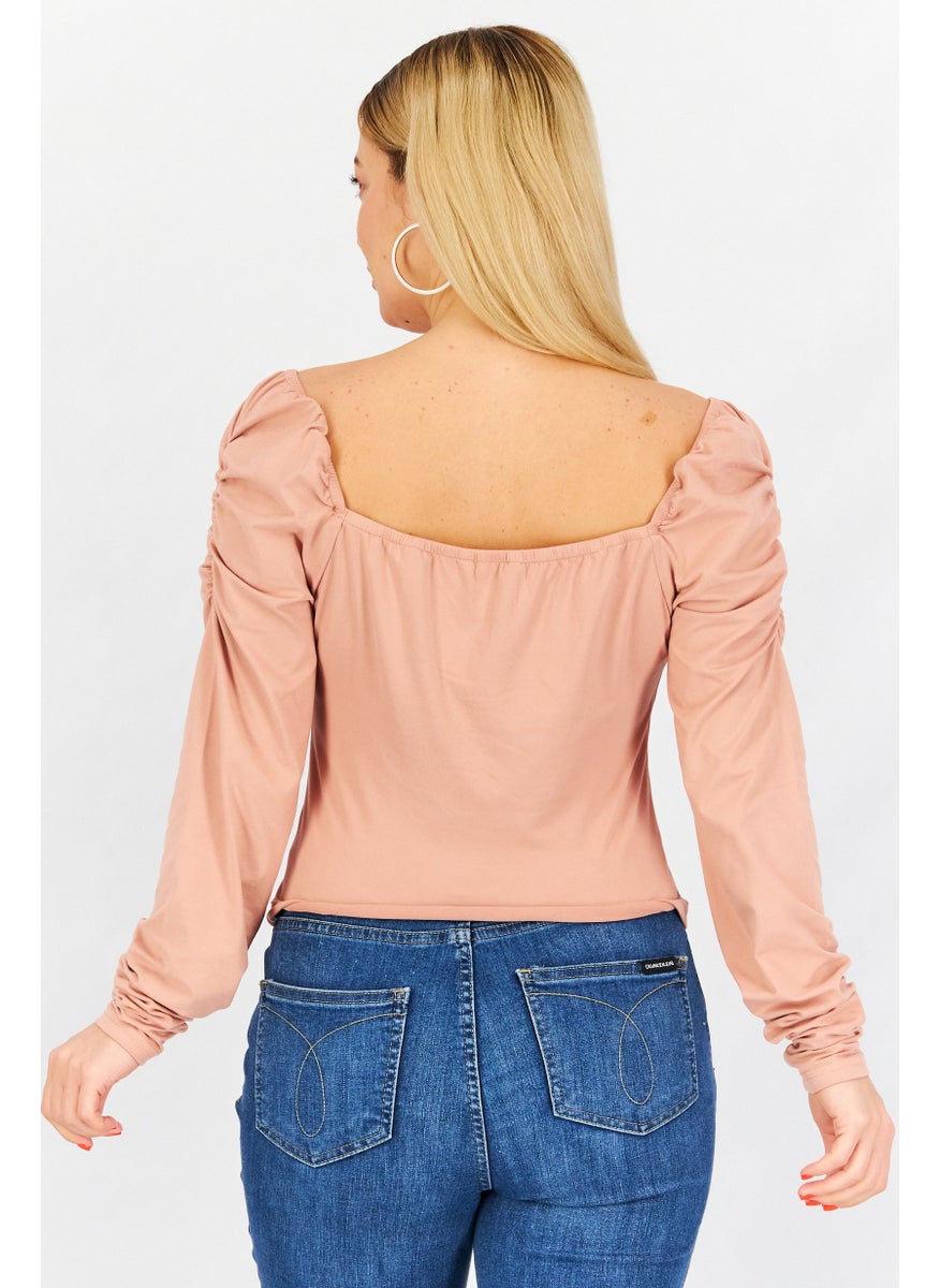 Women Square Neck Long Sleeve Ruched Top, Rose Taupe