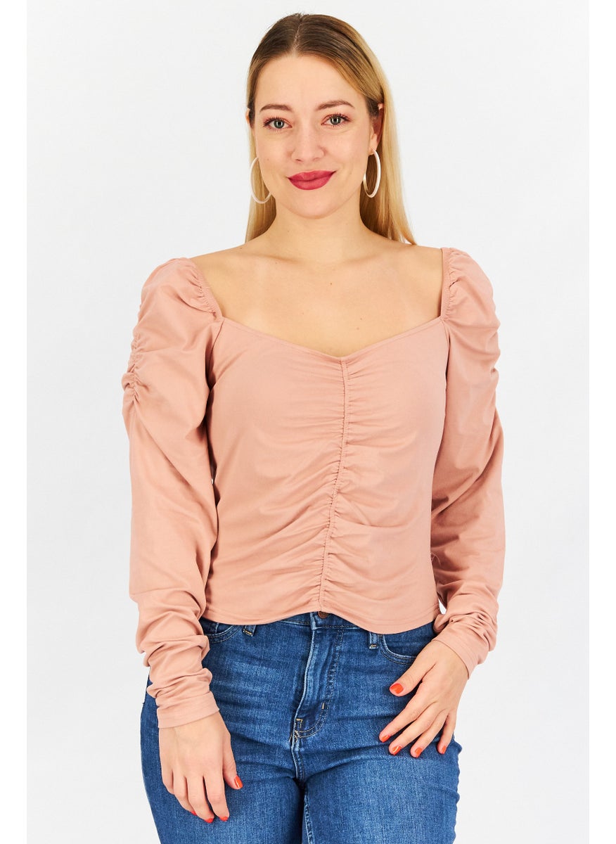 Women Square Neck Long Sleeve Ruched Top, Rose Taupe