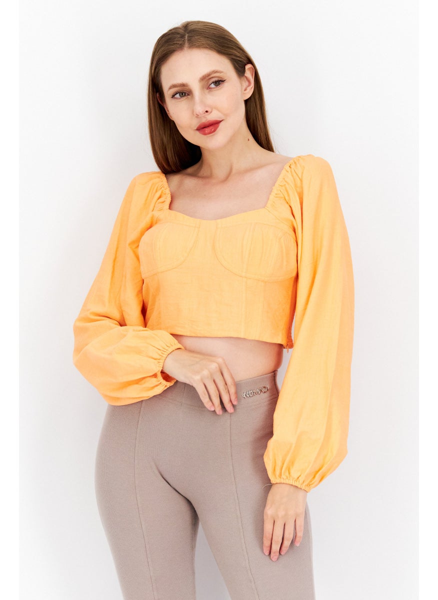 Women Square Neck Long  Sleeves Textured Top, Orange